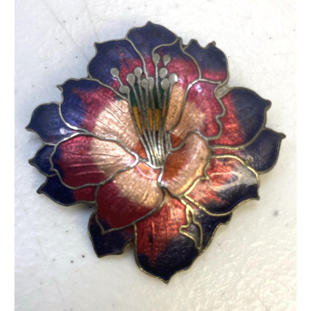 Vtg Silver Tone Purple Mauve Pink Cloisonne Enamel Hibiscus Flower Brooch Pin - Picture 4 of 7